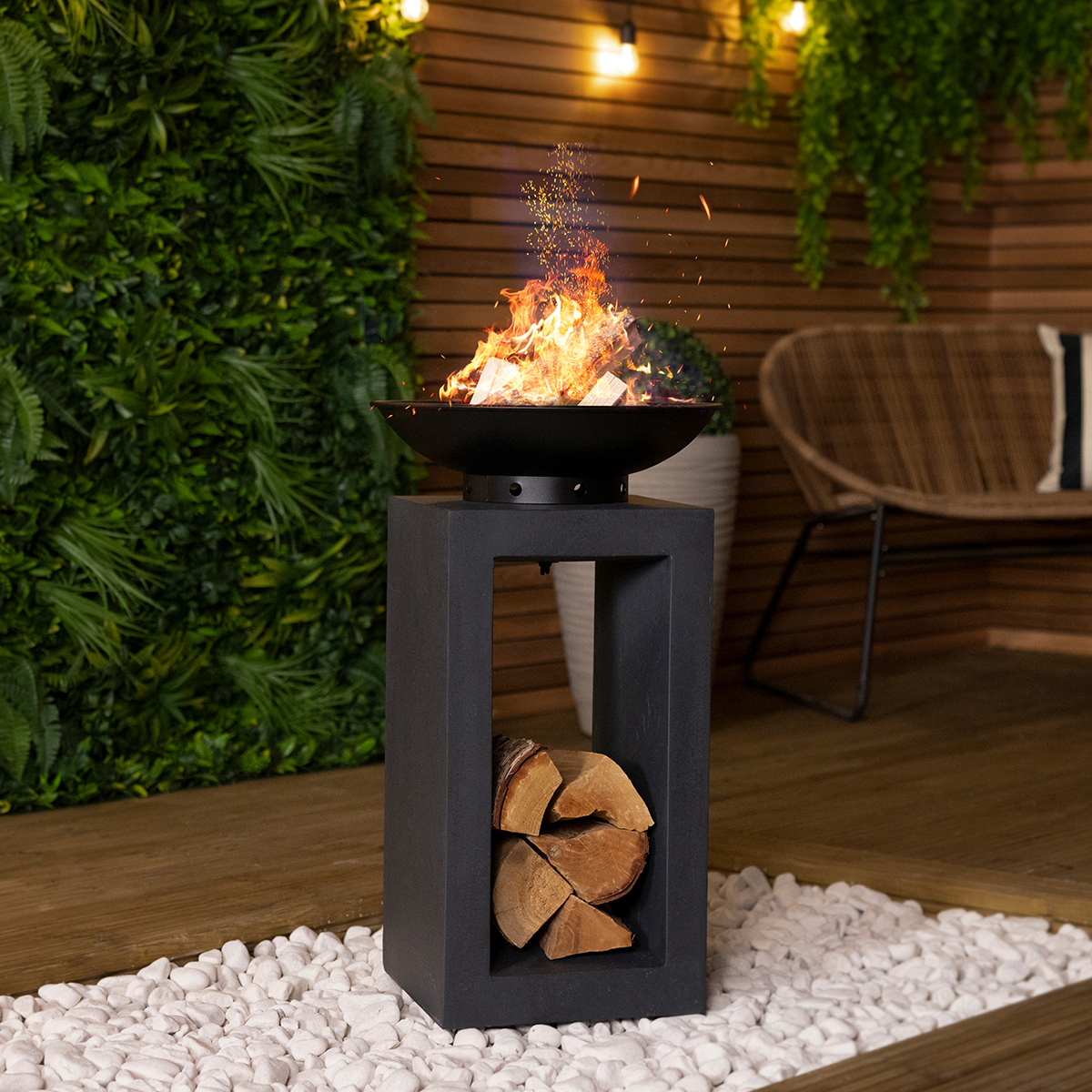 Concrete effect fire pit with log store online
