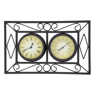 Garden Black Ornate Wall Frame Clock & Thermometer